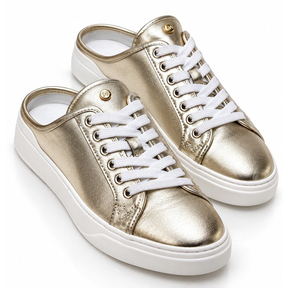 Stuart Weitzman Women's 8 Gold Metallic Leather Mule Sneakers Platform Lace Up